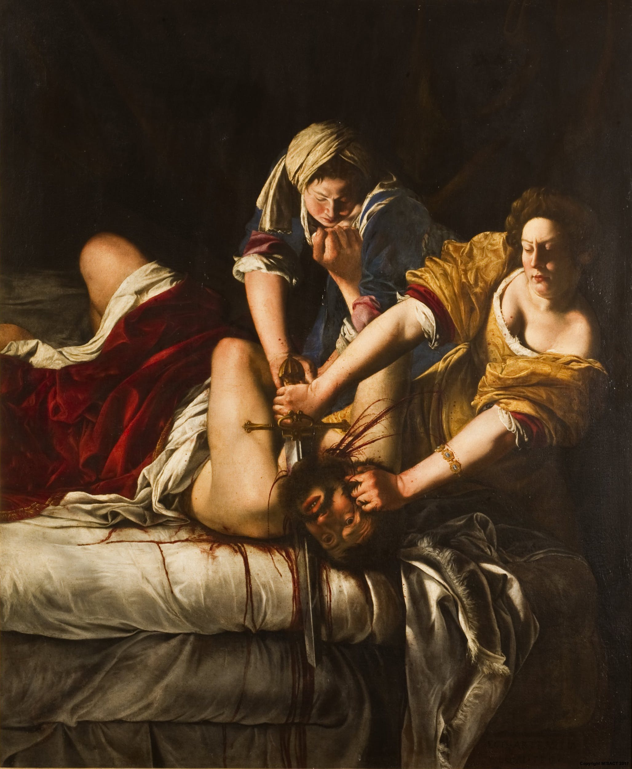 Artemisia Gentileschi, Judith Slaying Holofernes, c. 1620. Two women pin a man to a bed and cut his throat with a sword.