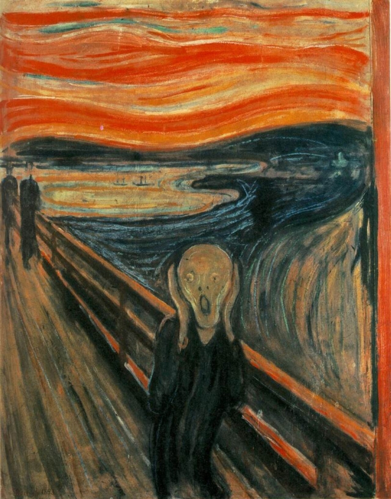 A figure with a skull-like face clutches its head on a bridge under a swirling orange sky.