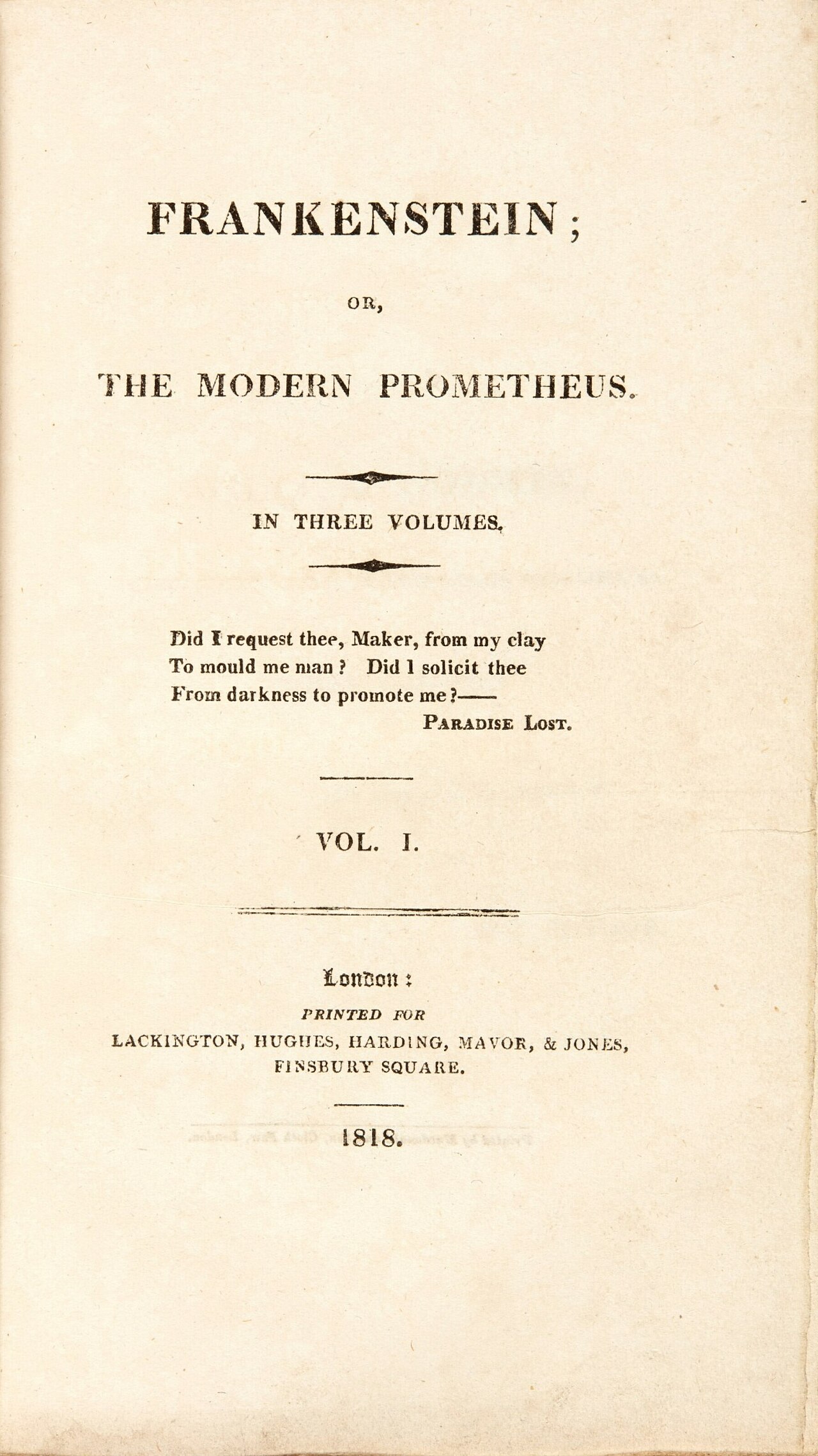 The title page of the first edition of Frankenstein, or The Modern Prometheus, in three volumes, with no author's name.