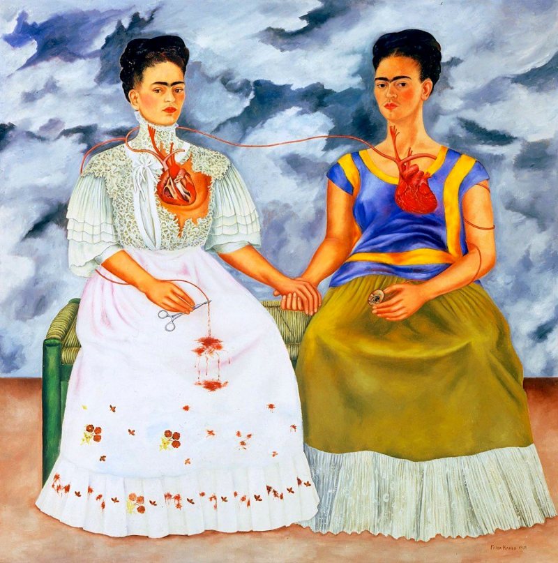 Frida Kahlo, The Two Fridas, 1939. Two versions of the artist sit side by side holding hands.