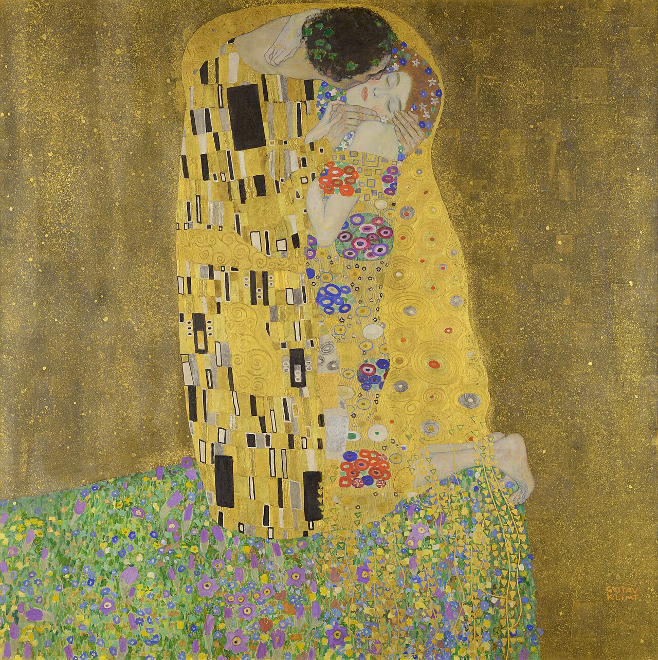 Gustav Klimt, The Kiss, 1907-1908. A man and woman embrace on a flower-covered cliff edge.