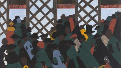 Jacob Lawrence, The Migration Series Panel 1, 1940-1941. Silhouetted figures crowd through three doorways.