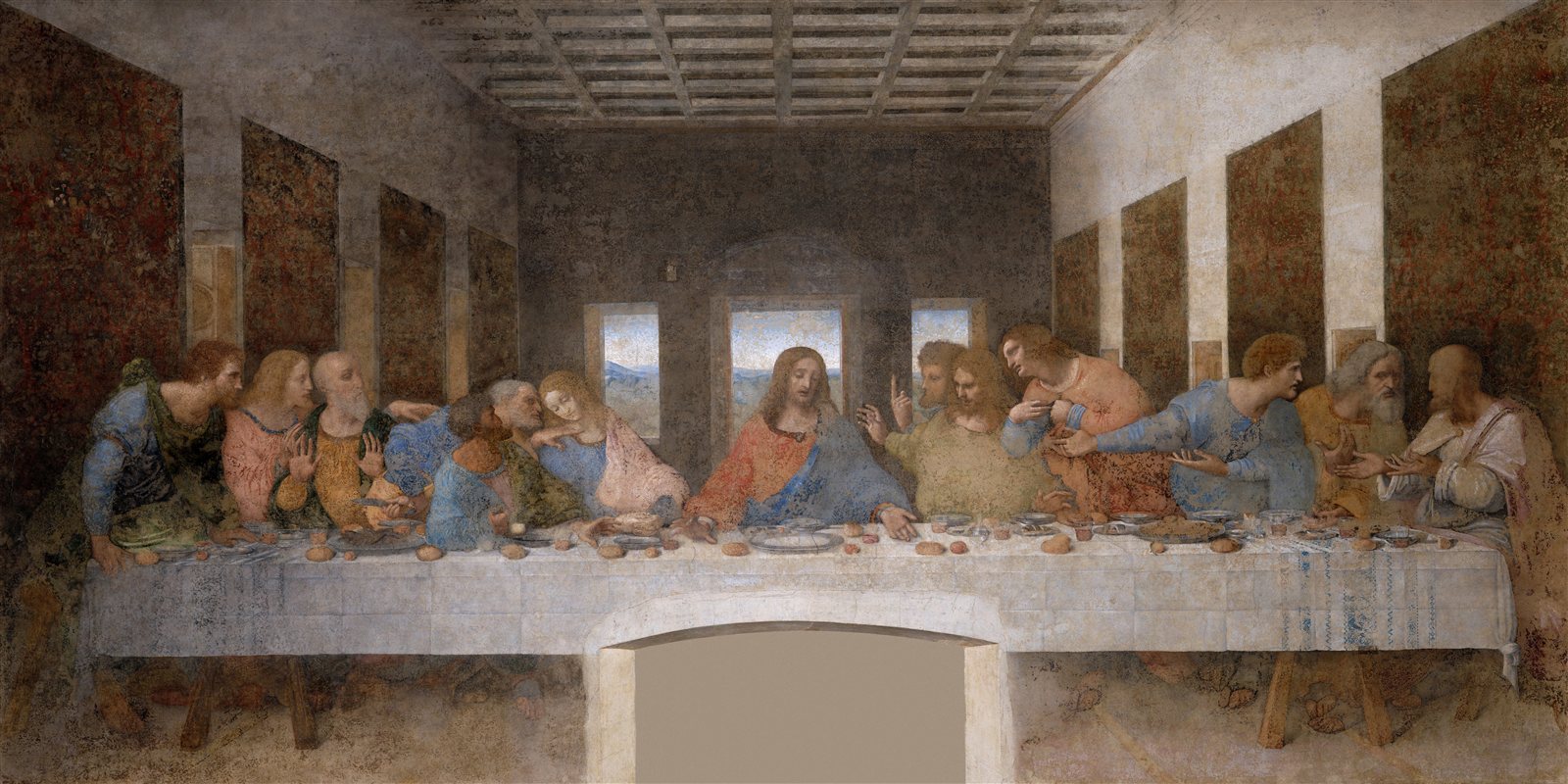 Leonardo da Vinci, The Last Supper, 1495–1498. A mural showing Christ at the center of a long table with the apostles in groups of three on either side.