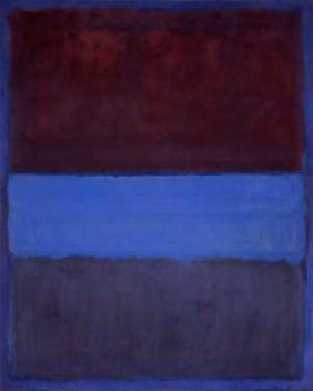 Mark Rothko, No. 61 (Rust and Blue), 1953. Two large rectangles of color, rust-orange above blue-gray, float.