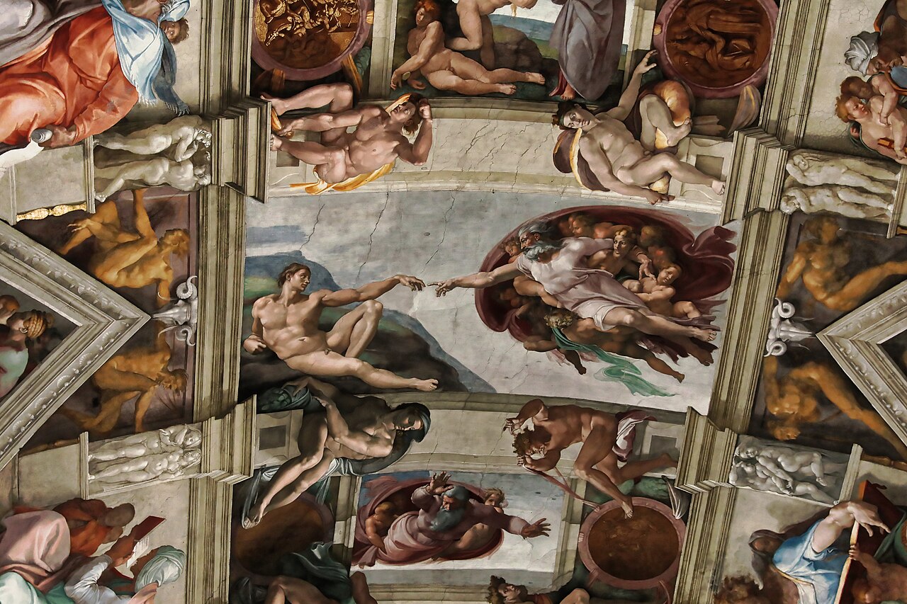 God stretches toward Adam, whose limp hand almost touches his outstretched finger.