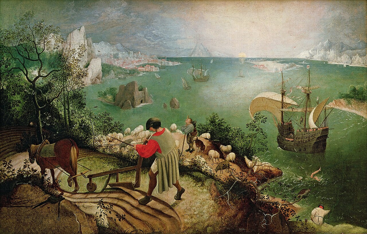 Pieter Bruegel the Elder, Landscape with the Fall of Icarus, c. 1560. A pastoral scene with a ploughman in the foreground, ships in a harbor, and a shepherd looking skyward. In the lower right corner, two small legs disappear into the water.