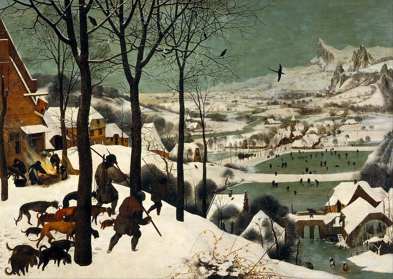 Pieter Bruegel the Elder, Hunters in the Snow (Winter), 1565. Hunters and dogs trudge downhill past a bare tree toward a snowy village with frozen ponds and distant mountains.