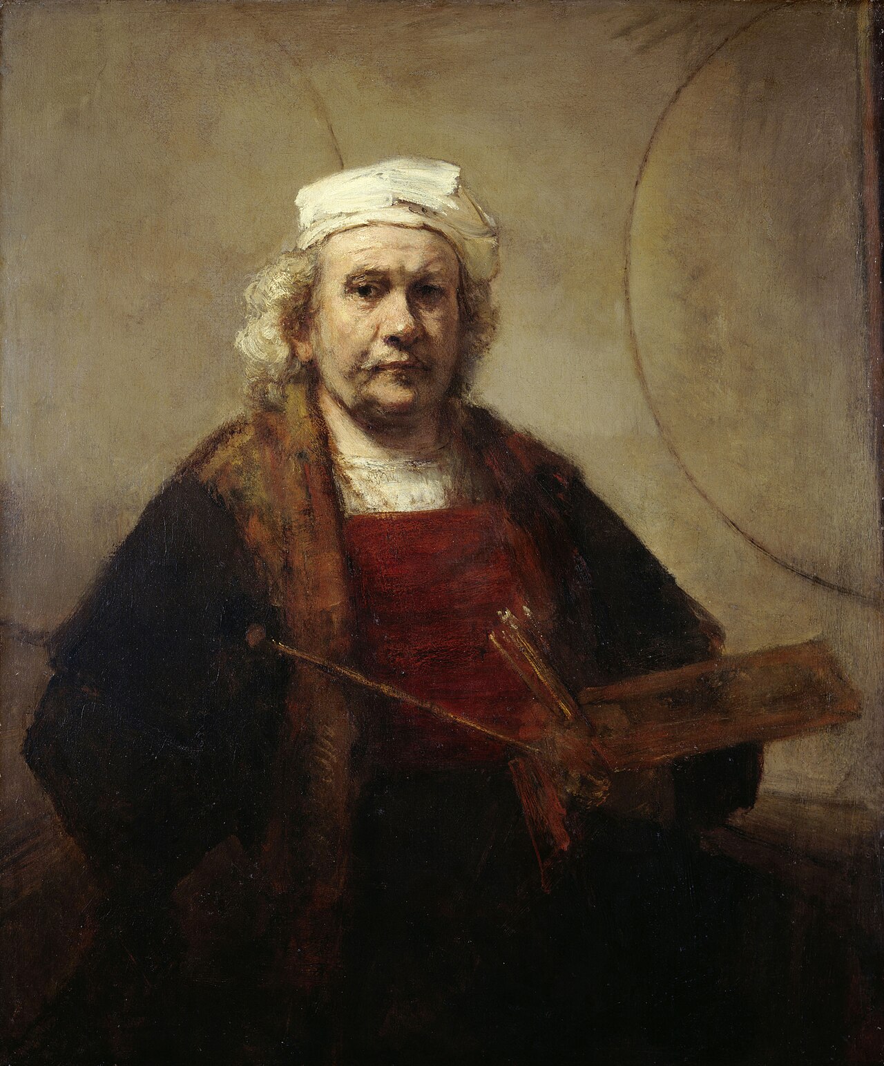 An elderly painter in a beret and brown robe sits with his hands clasped before two large circles on the wall.