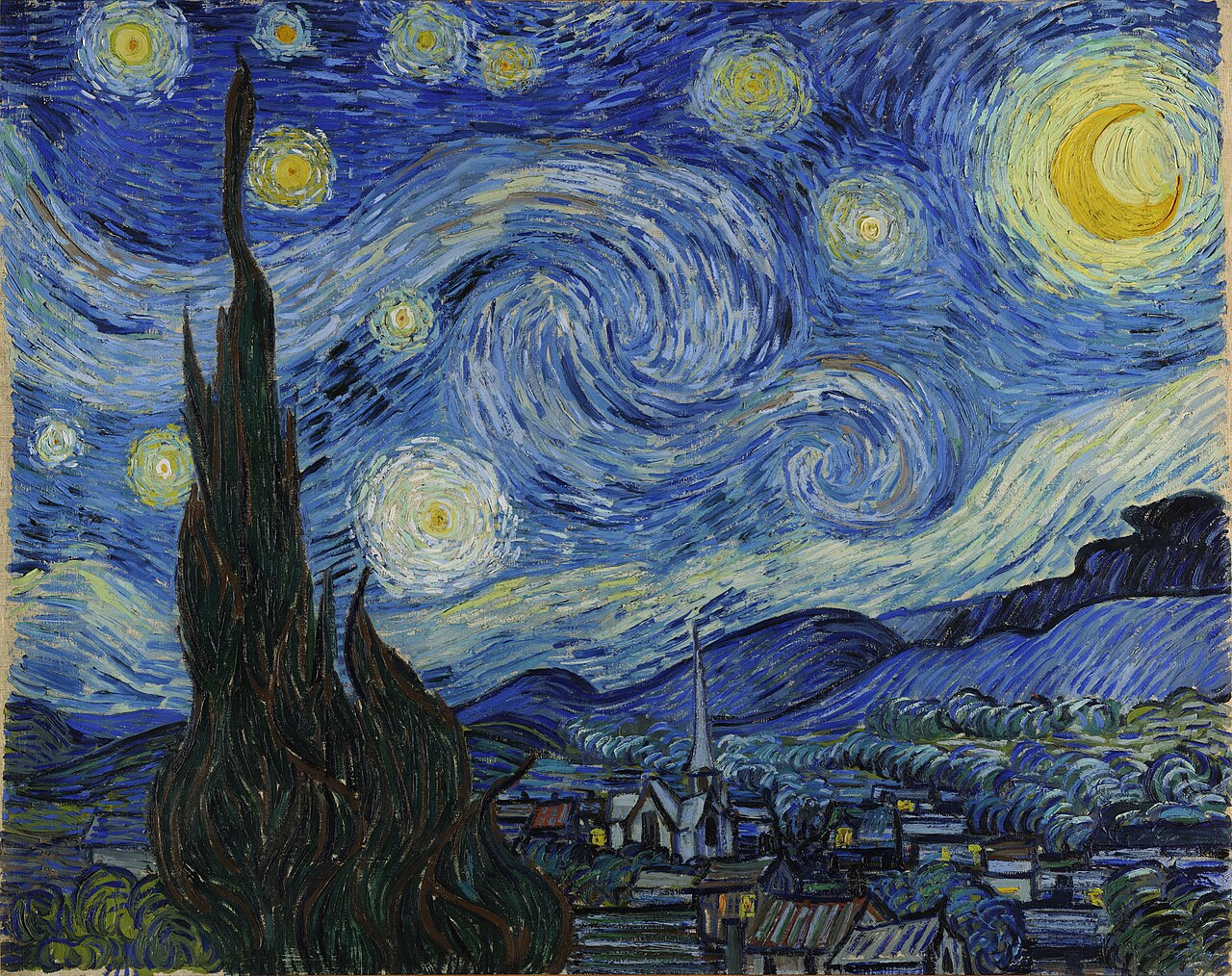 A swirling night sky of blue and yellow above a quiet village and a dark cypress tree.