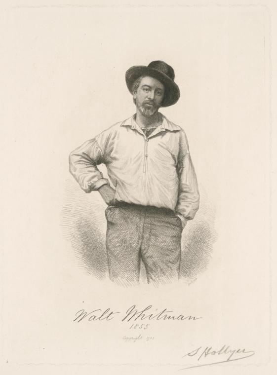An engraved portrait of Walt Whitman in a wide-brimmed hat and open-collared shirt, one hand on his hip.