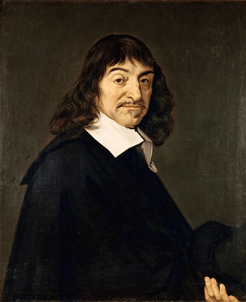 Frans Hals (attr.), Portrait of René Descartes, c. 1649–1700. A middle-aged man in a dark coat and white collar looks directly at the viewer with a composed, watchful expression.