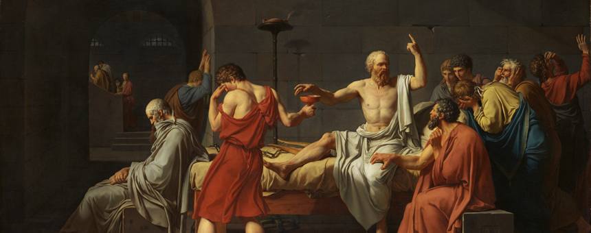 Jacques-Louis David, The Death of Socrates, 1787. Socrates sits upright on his deathbed, gesturing toward the hemlock, surrounded by his grieving students. Crito sits at his knee.