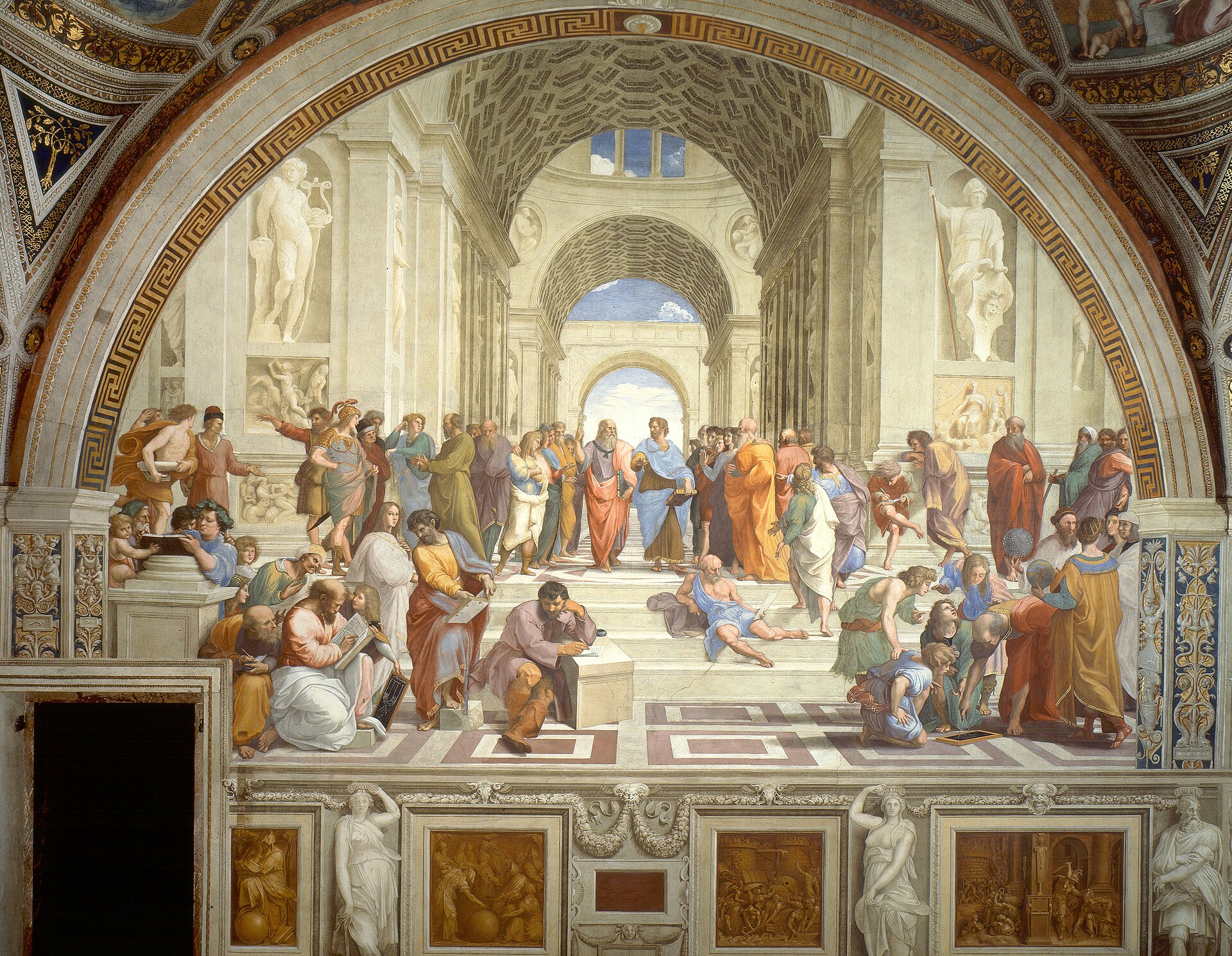 Raphael, The School of Athens, 1509–1511. Plato and Aristotle walk at the center of a grand arched hall surrounded by the great philosophers of antiquity.