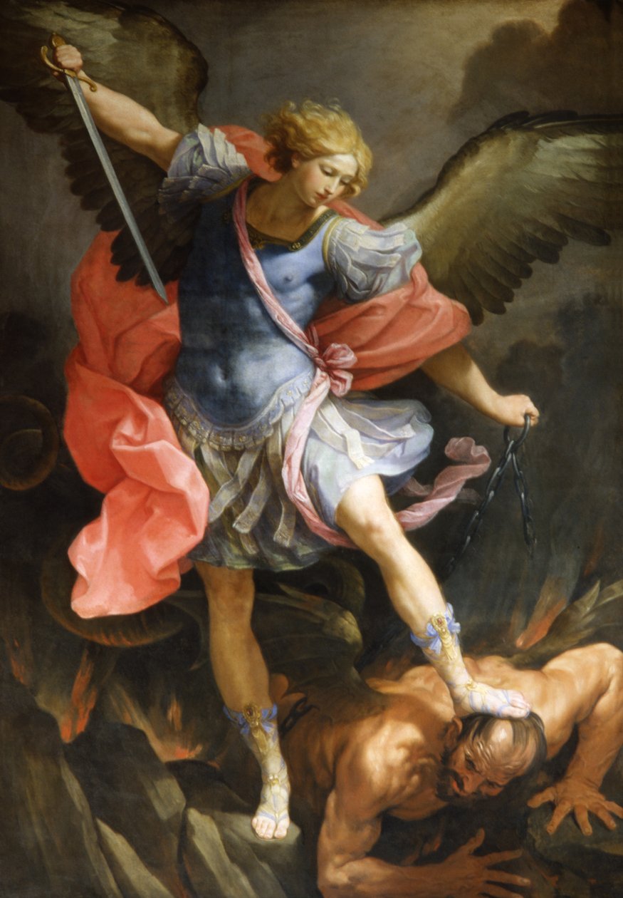 Guido Reni, Archangel Michael Vanquishing Satan, c. 1636. A radiant, armored archangel stands over a prostrate figure, spear raised, gazing heavenward — an image of divine power and perfection.
