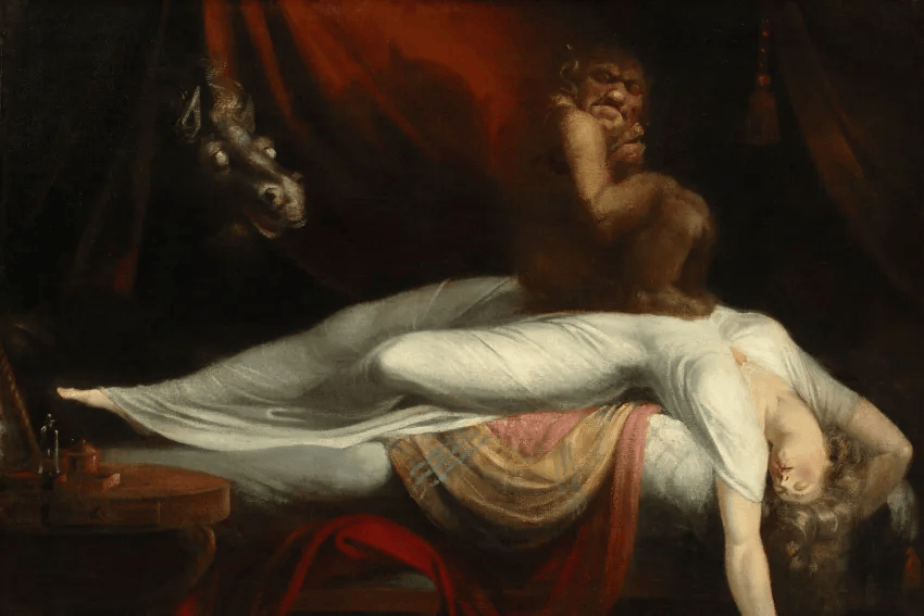 Henry Fuseli, The Nightmare, 1781. A sleeping figure lies draped across a bed while a demon crouches on her chest and a wild-eyed horse emerges from the darkness behind a curtain.