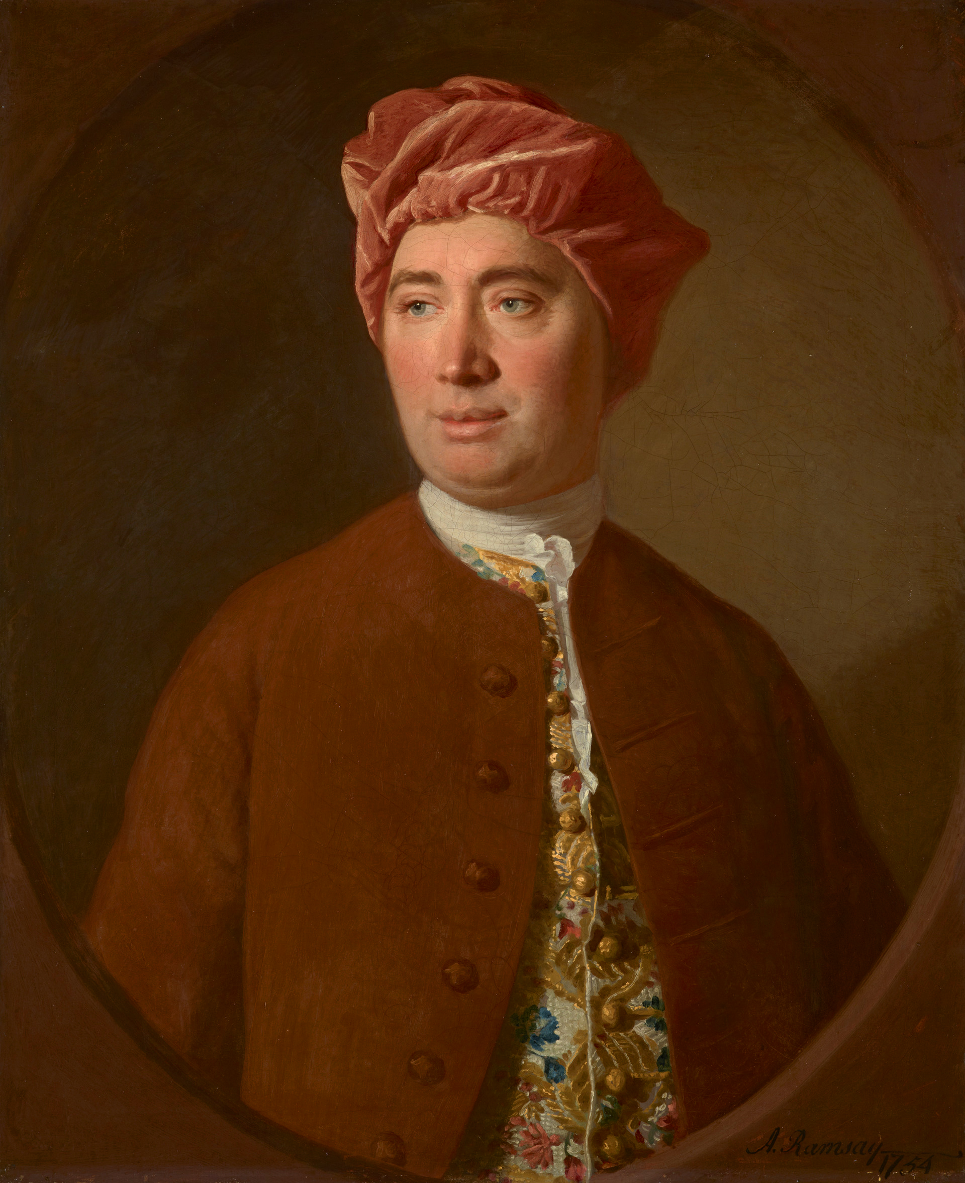 Allan Ramsay, Portrait of David Hume, 1754. A middle-aged man in a brown coat and white cravat looks calmly to the side, his expression open and self-possessed.