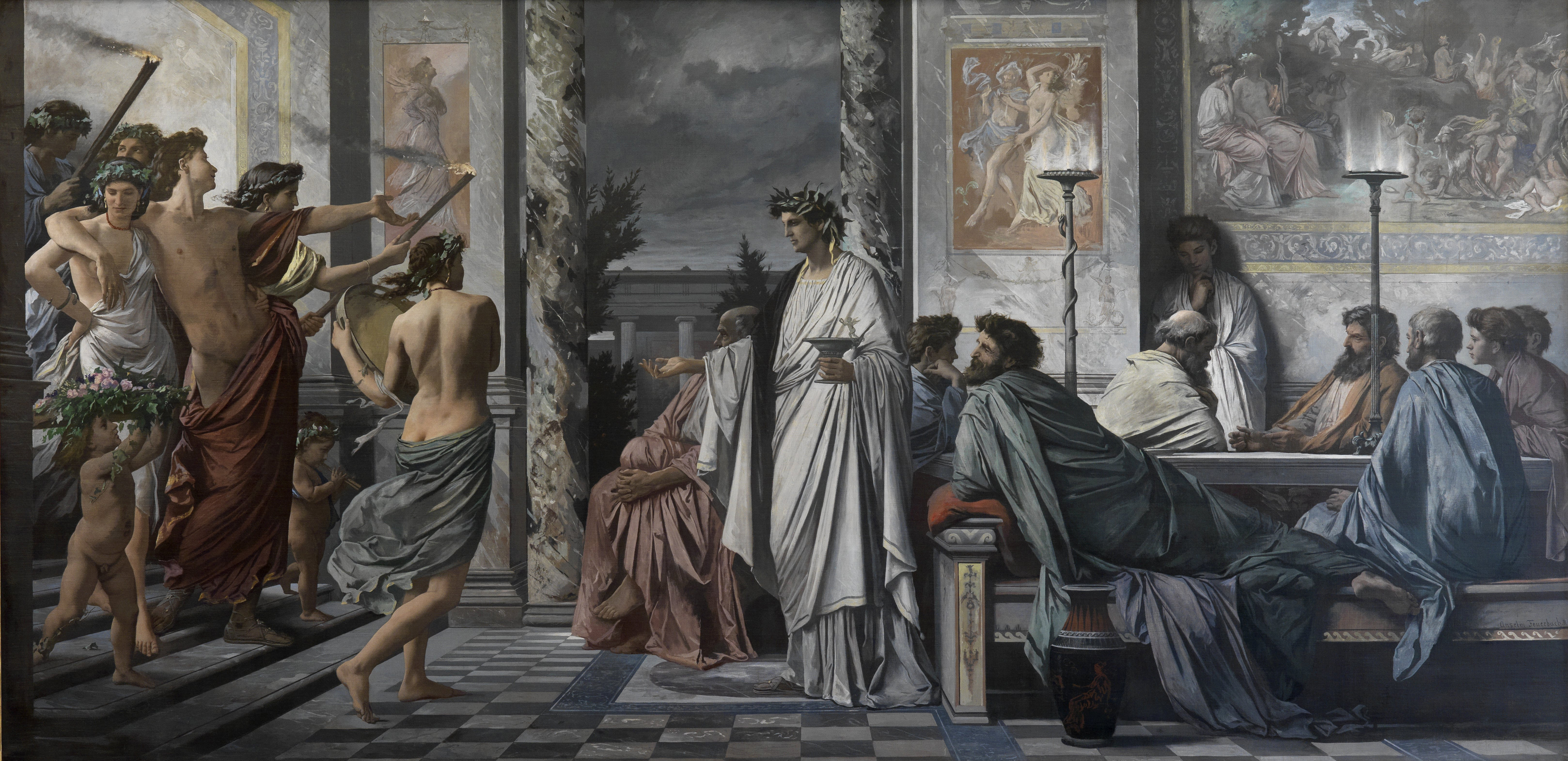 Anselm Feuerbach, The Symposium (after Plato), 1871–74. Socrates gestures in conversation among a gathering of Athenian men.