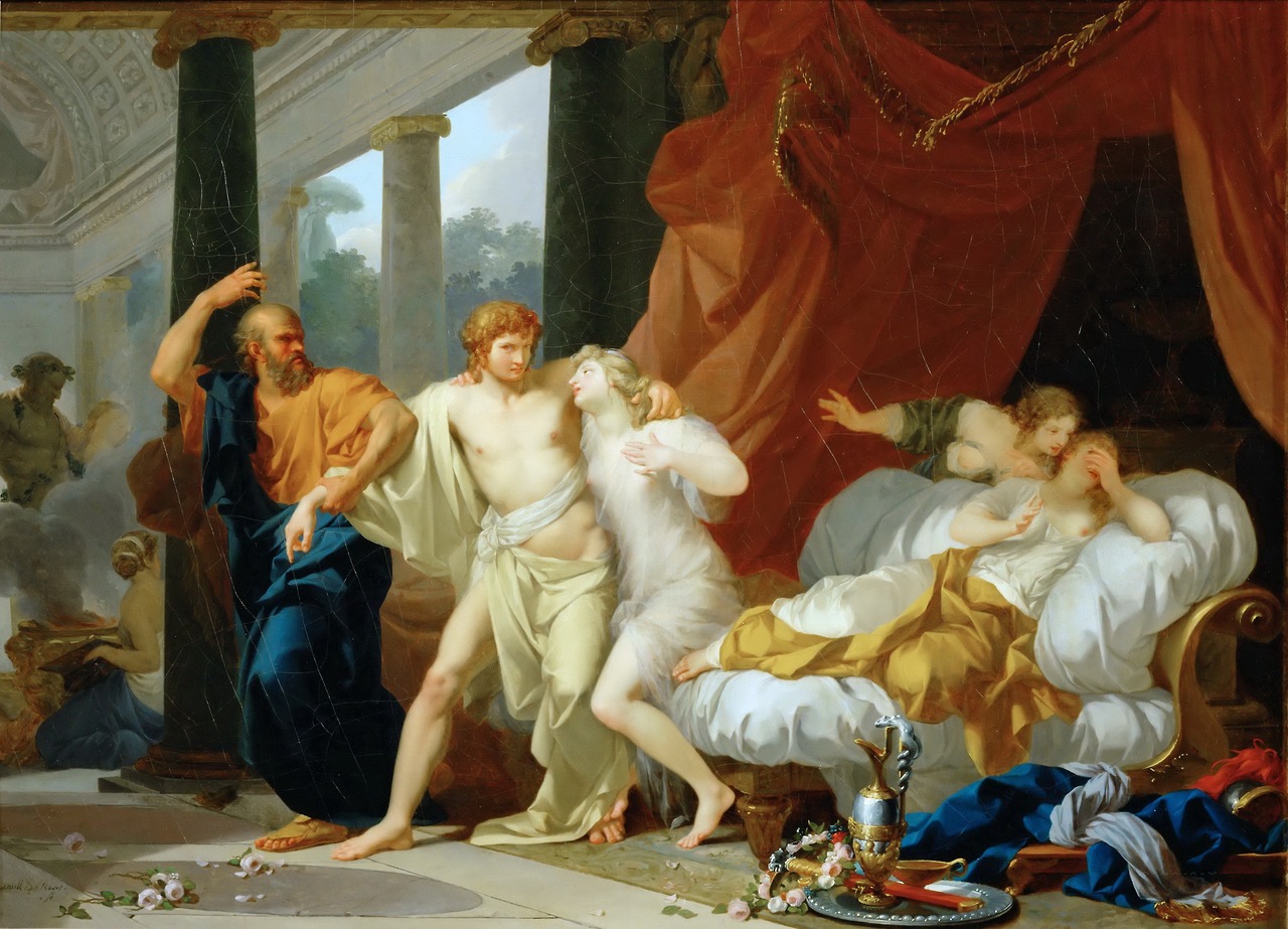 Jean-Baptiste Regnault, Socrates Tears Alcibiades from the Embrace of Sensual Pleasure, 1791. Socrates gestures firmly toward Alcibiades, intervening between him and a reclining allegorical figure.