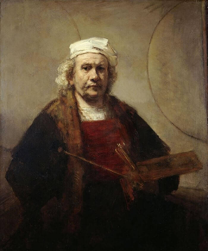 Rembrandt van Rijn, Self-Portrait with Two Circles, c. 1665–1669. The artist gazes directly outward, palette and brushes in hand, in a moment of frank self-examination.