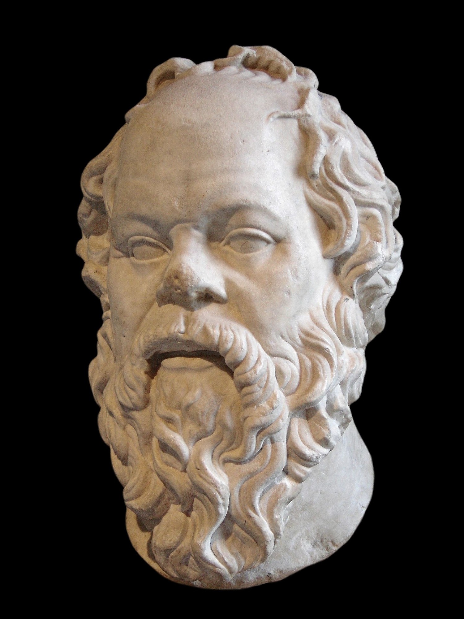 Roman marble bust of Socrates, copy of a Greek original, Louvre Museum. The broad face, snub nose, and deep-set eyes are consistent with ancient descriptions.