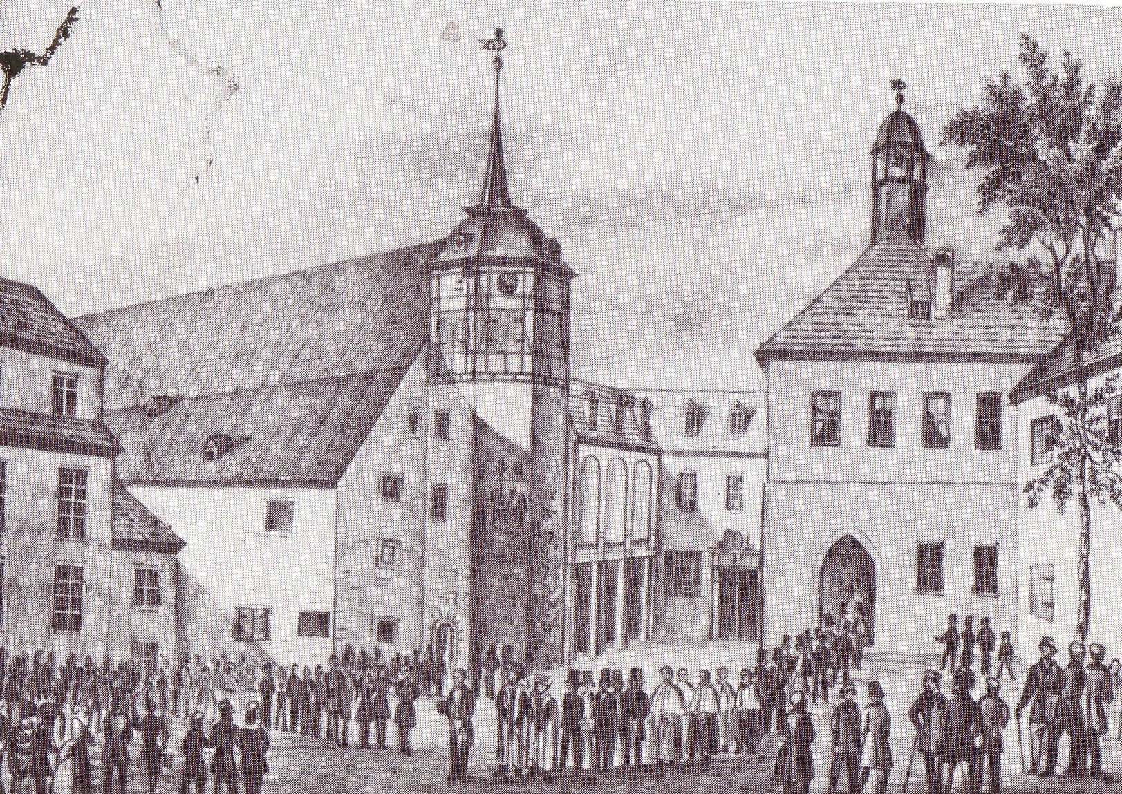 Unknown artist, University of Jena, 1848. A lithograph showing the main buildings of the University of Jena set along a street, with figures in period dress in the foreground. Hegel taught here from 1801 to 1807 and completed the Phenomenology of Spirit while Napoleon's armies occupied the city.
