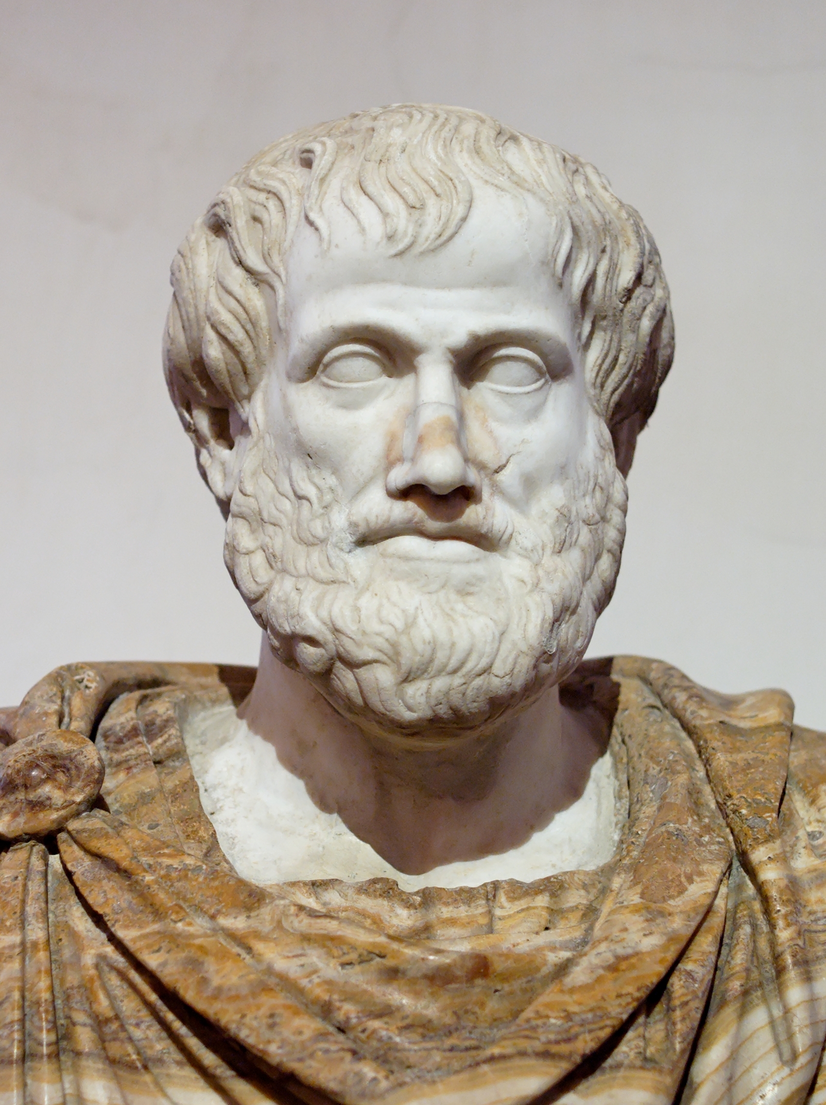 Roman marble bust of Aristotle (1st or 2nd century CE copy of a Greek original), housed in the Louvre. The bust shows Aristotle as a mature man with a thoughtful, serious expression.