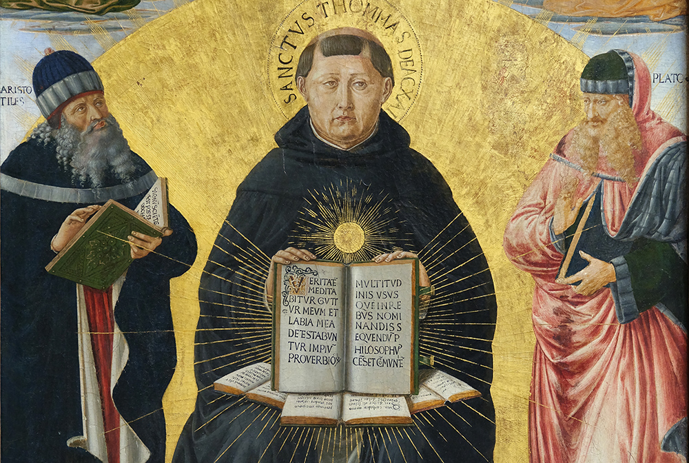 Icon depicting a religious scene with a central figure, St. Thomas Aquinas, holding an open book.