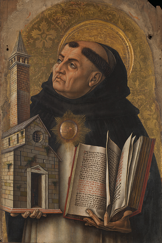 Carlo Crivelli, Saint Thomas Aquinas (c. 1476). Aquinas is shown in Dominican habit, holding an open book and a model church. The iconography presents him as both a scholar and a pillar of the institutional Church.